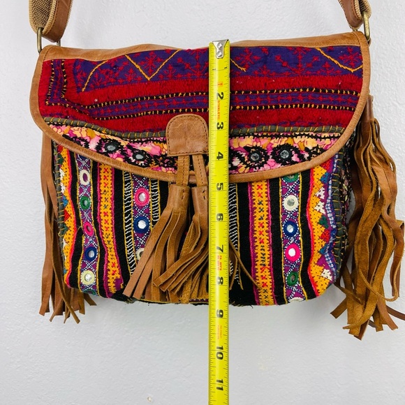 Brown Leather Fringe BOHO Embroidered Western Pattern Crossbody Flap Bag - Picture 3 of 15